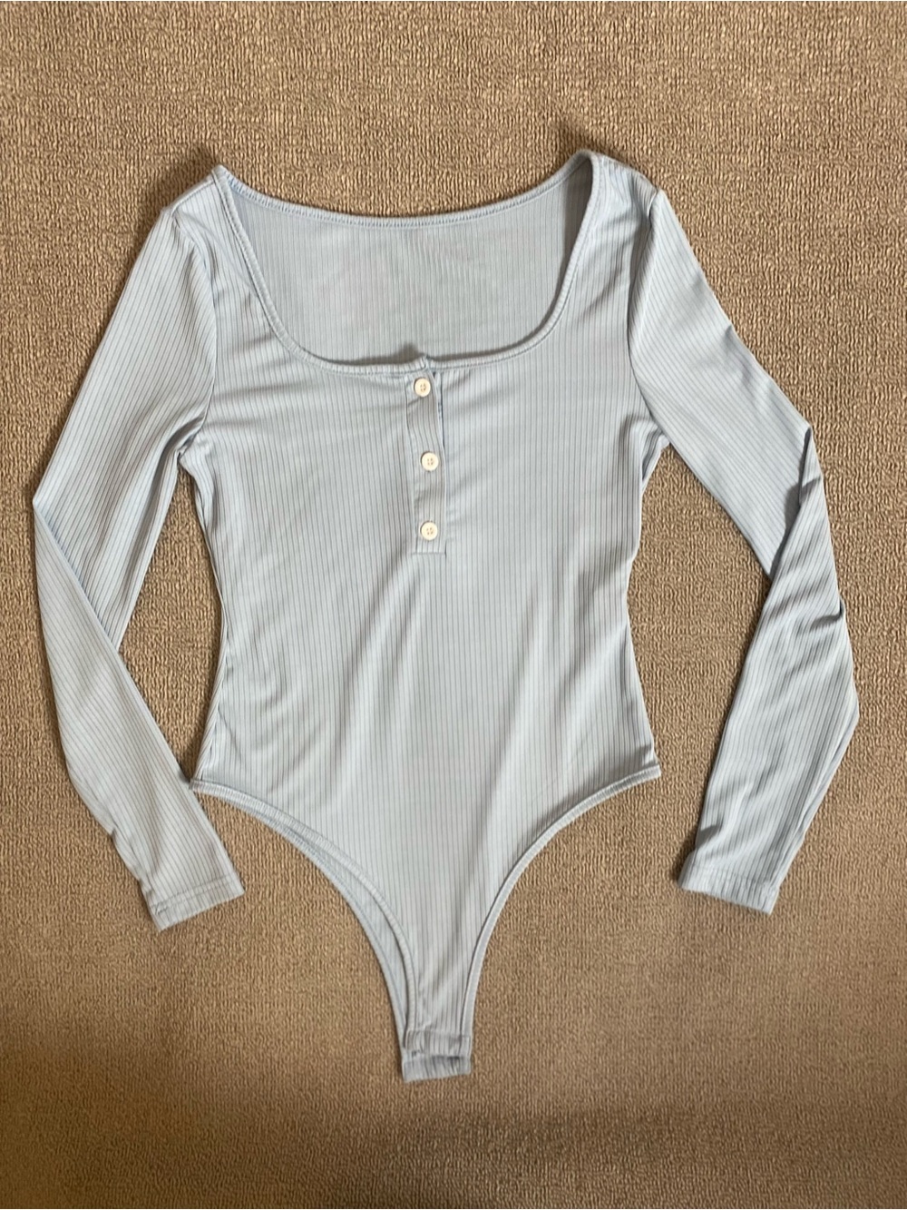 SHEIN Light Blue Ribbed Long Sleeve Henley Bodysuit- Casual Daily Wear